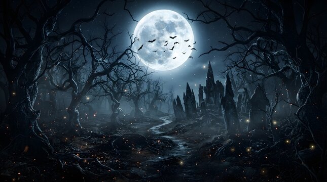 Dark eerie forest graveyard under full moon