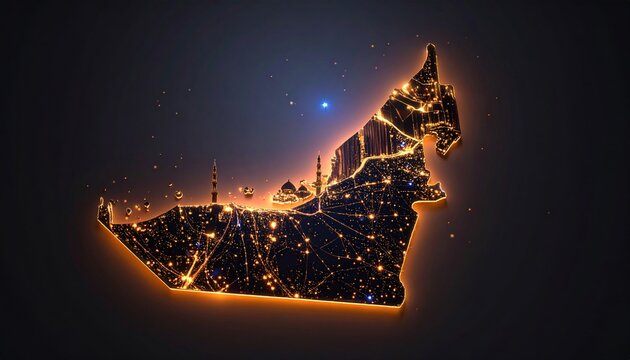 United Arab Emirates illuminated map icon with abstract digital art representation