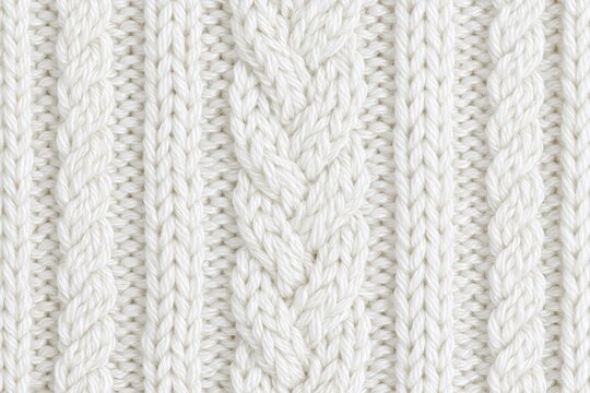 Knitted white cable pattern fabric with detailed wool yarn texture and soft braid