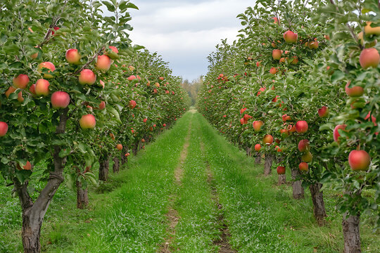 Rows of ripe apple trees laden with fruit in an orchard under natural sunlight and blue sky.