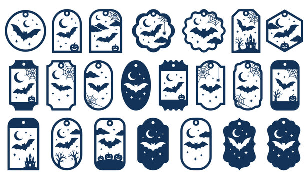 A festive collection of halloween bat themed gift tags featuring decorative designs perfect for seasonal party favors and spooky holiday present wrapping labels