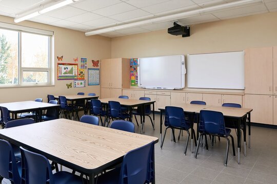 Class room with empty desks and chairs in a modern school for academic study learning