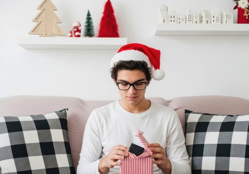 Young man opening a christmas gift
