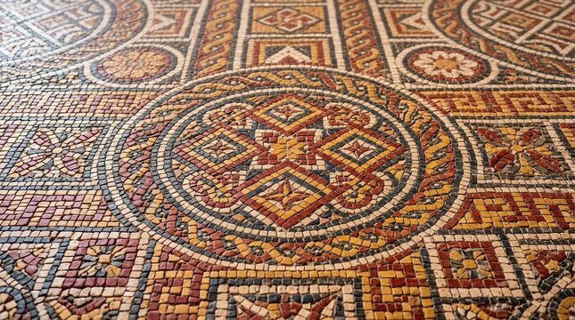 Ancient Roman Mosaic Floor with Intricate Geometric Patterns and Central Medallion.
