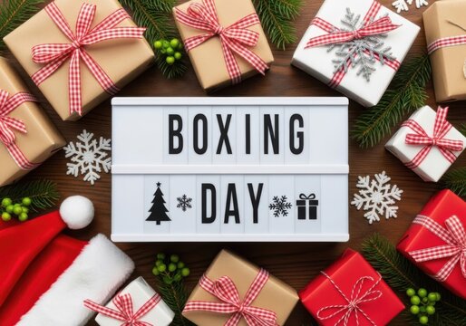 Boxing day sign surrounded by gifts and holiday decorations