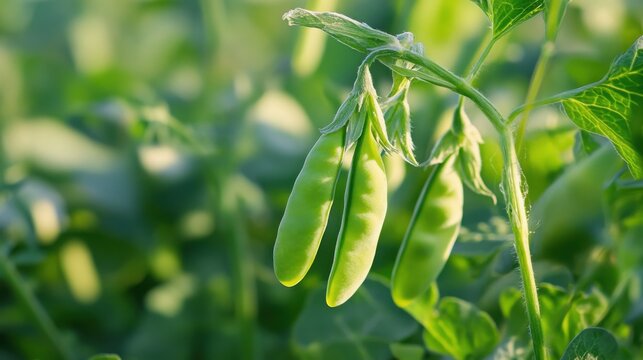 Peas hang in clusters on a lush green plant stem during the peak of the growing season as the warm golden hour light enhances the texture and natural beauty of the ripening vegetable produce.