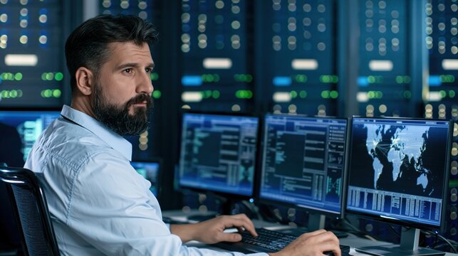Cybersecurity specialist monitoring digital network data in a dark server room