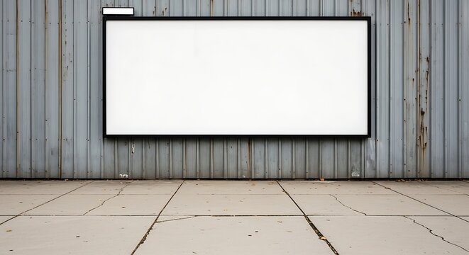A large empty horizontal signage frame hangs firmly upon the weathered gray corrugated metal siding of an industrial storage container structure positioned above the cracked concrete pavement