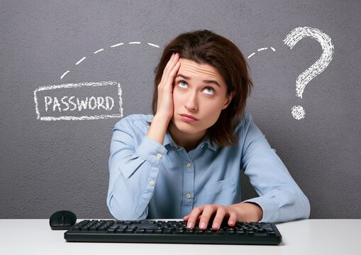Woman feeling frustrated and confused trying to recall a forgotten login password