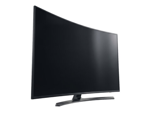 Modern curved television screen with black display on transparent background