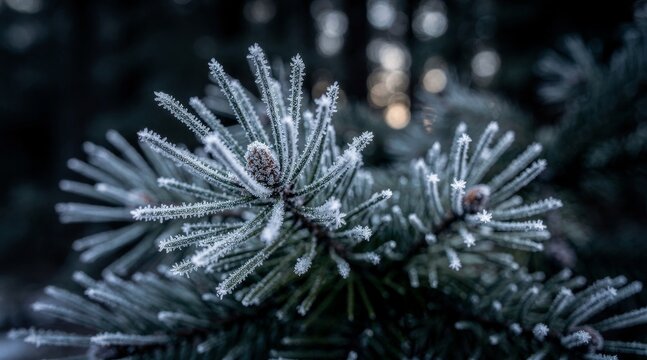Close up of frosty pine needles and small cones on a winter tree branch