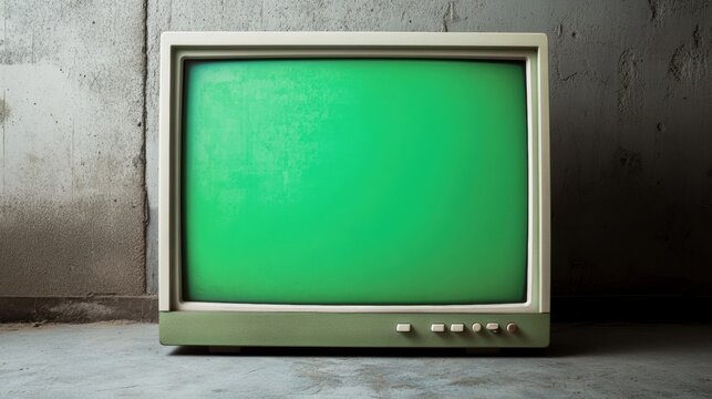 An old green computer monitor screen sits on a concrete floor against a concrete wall