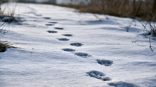 Animal footprints trail through fresh snow on a quiet winter landscape under soft sunlight