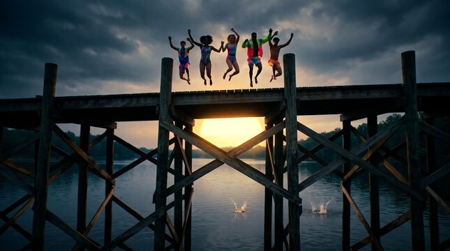 Diverse group of young friends showcasing synchronized pier jumping, vibrant swimsuits and scenic sunset water background, representing summer freedom and joyful friendship