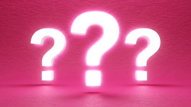 Creative animated sequence with three bright white glowing question marks bouncing against a pink background