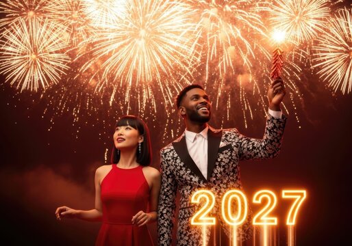Couple celebrating new year 2027 with fireworks