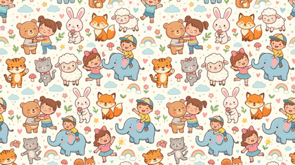 Fototapeta premium Adorable kids riding and hugging zoo animals pattern