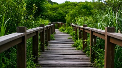 Obraz premium A wooden boardwalk winds through lush green vegetation under an overcast sky creating a serene natural pathway