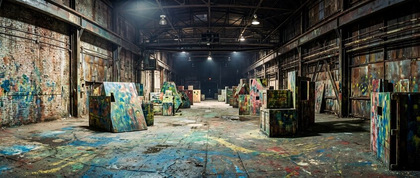 Paintball arena featuring colorful wooden obstacles inside abandoned industrial warehouse for team tactical gaming experience activities