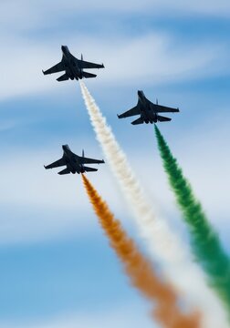 Three Indian Air Force Fighter Jets Flying in Formation with Tricolor Smoke Trails during Air Show