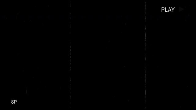 Retro VHS glitch effect on a black background featuring analog tracking lines film grain defects and classic on screen display indicators like play and sp for vintage video overlays