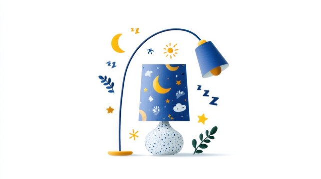 A whimsical bedside lamp with a blue lampshade adorned with moons and stars, set against a white background with playful illustrations of celestial bodies and foliage.