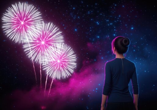 Woman watching fireworks in the night sky