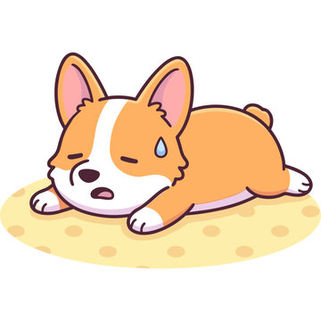 Adorable Tired Corgi Puppy Character Resting on a Polka Dot Mat Illustration