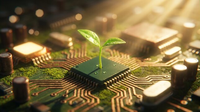 Green plant sprout on circuit board showcasing electronic microchip, mossy hardware components and bright sunlight, symbolizing sustainable green technology and ecological innovation