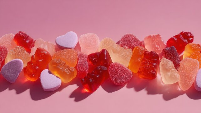 Row of colorful gummy bears and heart-shaped candies on a vibrant pink background.