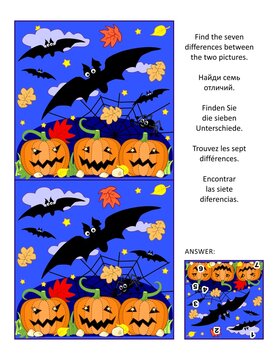 Halloween visual puzzle: Find seven differences between two pictures of flying bats, pumpkin field, spider. Answer included.
