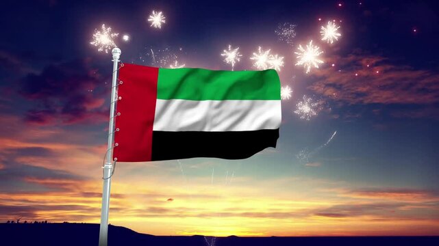 United Arab Emirates flag waving majestically with fireworks celebrating the national holiday motion clip