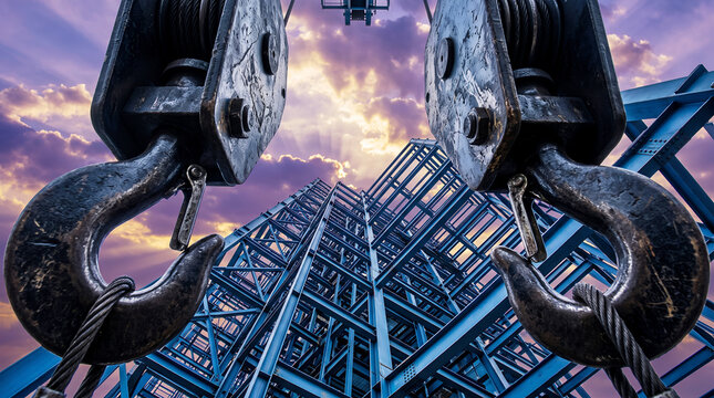 Two heavy industrial crane hooks suspended above a blue steel skyscraper framework against a dramatic purple and orange sunset sky