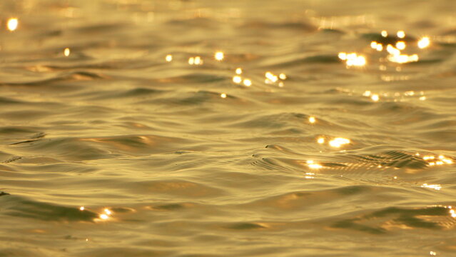Golden water sparkles reflecting sunset light on the calm ocean surface with copy space