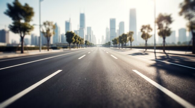 Modern empty urban street background showing asphalt road markings, green tree lining and blurred downtown skyline skyscrapers, representing city transportation and corporate growth