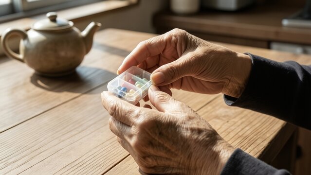 Medical - Elderly asian hands holding a pill organizer with medication