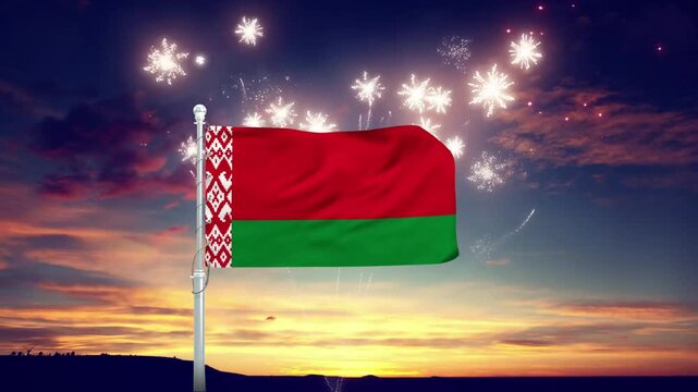 Belarus national flag waving proudly with fireworks celebration motion footage