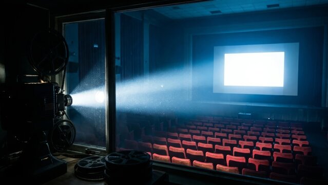 Entertainment - Retro movie projector casting light in a vintage cinema theater