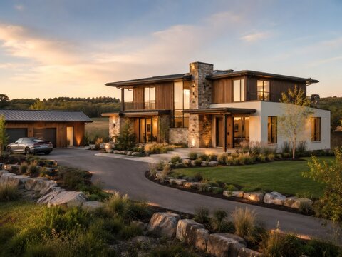 Modern farmhouse exterior with white vertical siding and black accents real estate family home