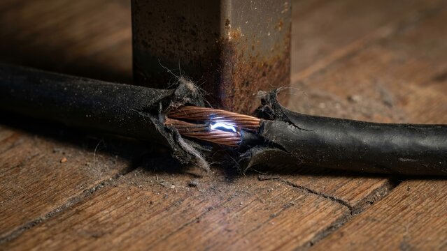 Home Safety - Damaged electrical wire with frayed insulation causing a dangerous short circuit