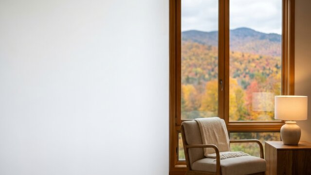 Interior - Cozy armchair and lamp near window with autumn mountain view