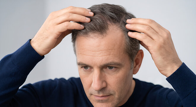 Middle Aged Man Checking His Hairline and Thinning Hair with Both Hands, Concerned Male Experiencing Hair Loss and Baldness, Grooming and Personal Care Concept