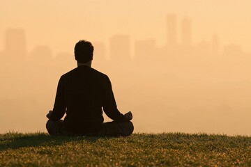 Fototapeta premium Meditation silhouette of a man finding peace and tranquility at sunset yoga calm