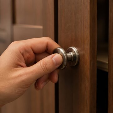 Person's hand gripping a metal knob on a wooden cabinet door