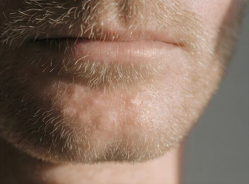 Close-up shot of a man's lower face showing blonde stubble, mustache, and lips, highlighting skin texture and facial hair details