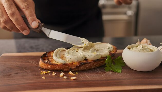 Spreading Creamy Herb Sauce on Toasted Bread with Bowl of Sauce and Parsley