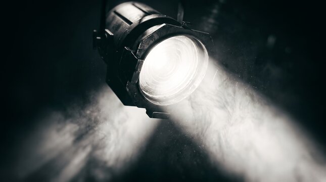 Vintage stage spotlight lamp showcasing bright luminous beam, atmospheric smoke haze and dark background contrast, illustrating theatrical performance and dramatic entertainment focus
