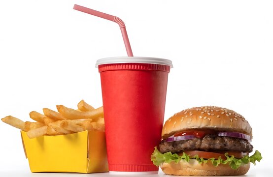 Classic hamburger french fries soda meal high resolution picture