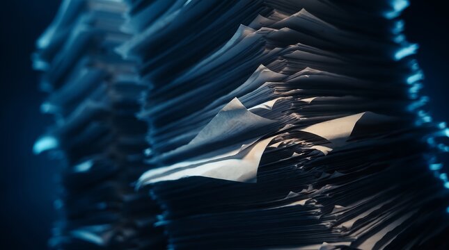 Large stacks of office documents and paperwork files showing messy paper piles, detailed sheet edges and dramatic lighting, symbolizing bureaucratic workload and information overload