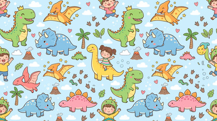 Cute children and dinosaurs playing in a seamless pattern © andi